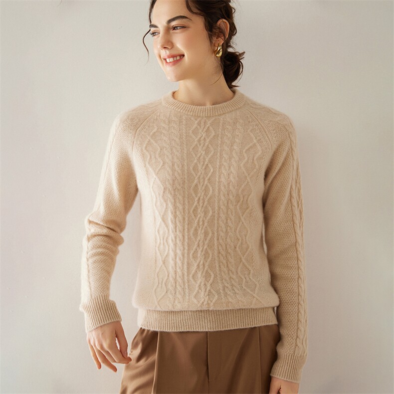 秋冬加厚圆领绞花山羊绒衫女针织打底衫套头长袖毛衣内搭保暖上衣，女装羊绒衫，轩妮羊绒