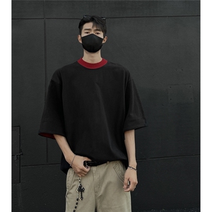 新款夏季老钱风圆领撞色落肩纯色男T恤  1213-P38图片