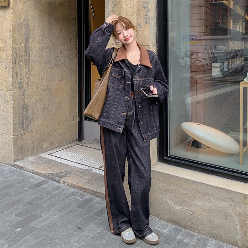 现货：春装新款拼色水洗牛仔上衣＋阔腿裤套装2C135-6816P175K258，女装套装/套裙，2C135