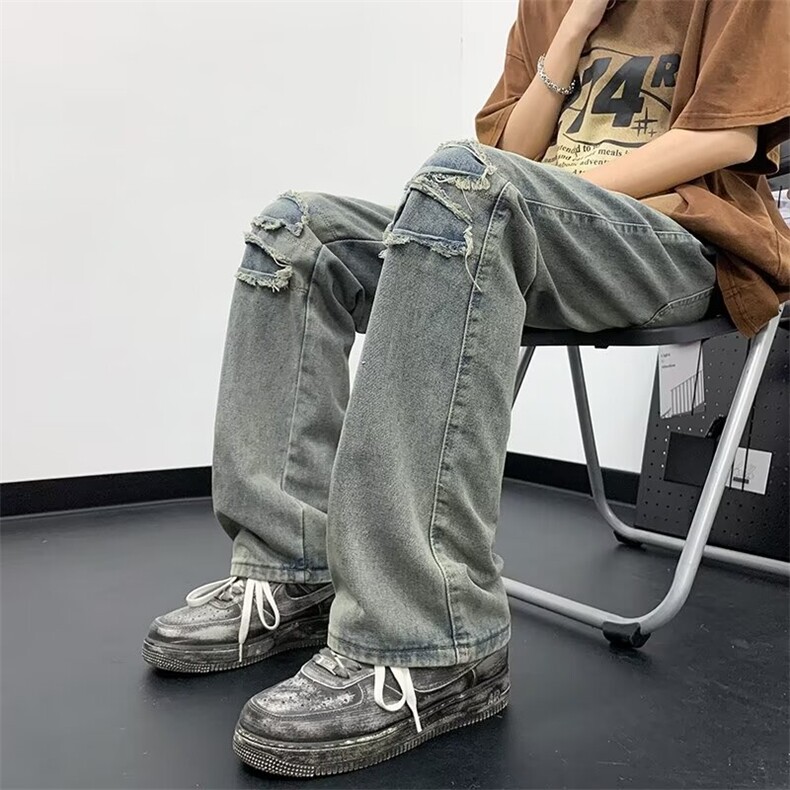 破洞渐变牛仔裤男生春夏季青少年潮牌痞帅宽松直筒裤N9003,男装牛仔裤,星座1116A-1（原606A）