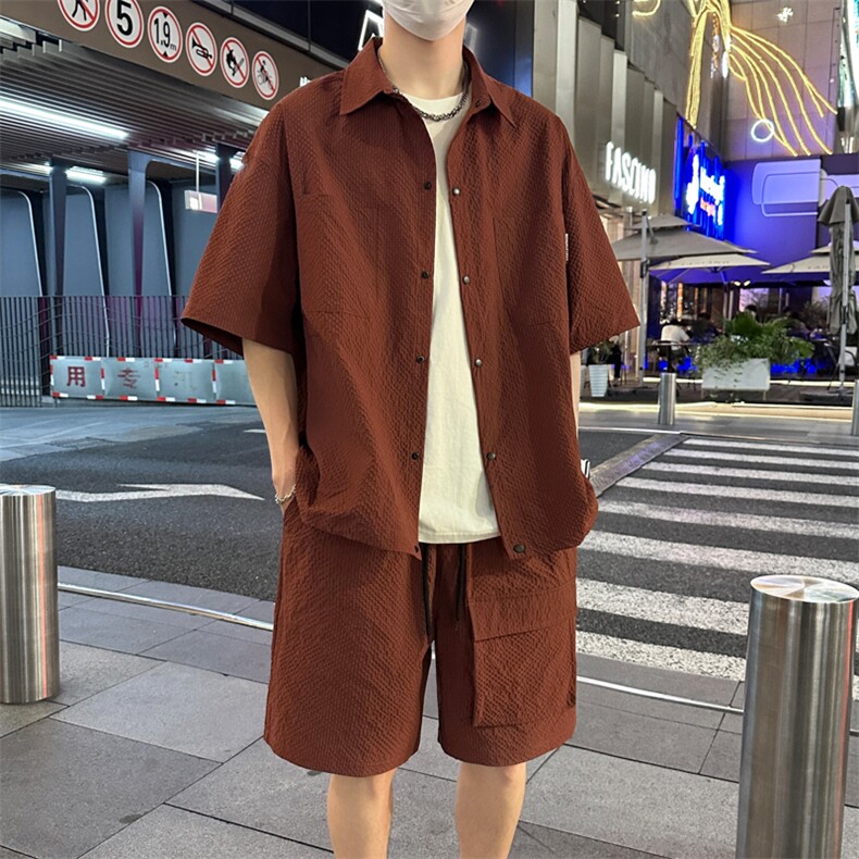 夏季薄款冰丝短袖衬衫情侣短袖短裤两件套装 A455P65图片