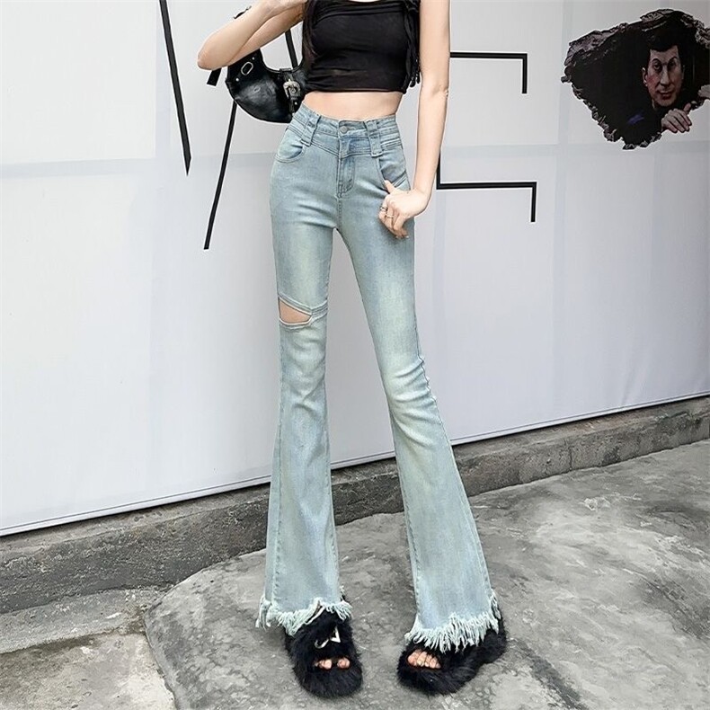 2025春夏新款微喇叭牛仔裤女九分弹力高腰显瘦设计感阔腿马蹄长裤,男装牛仔裤,星座1210-1