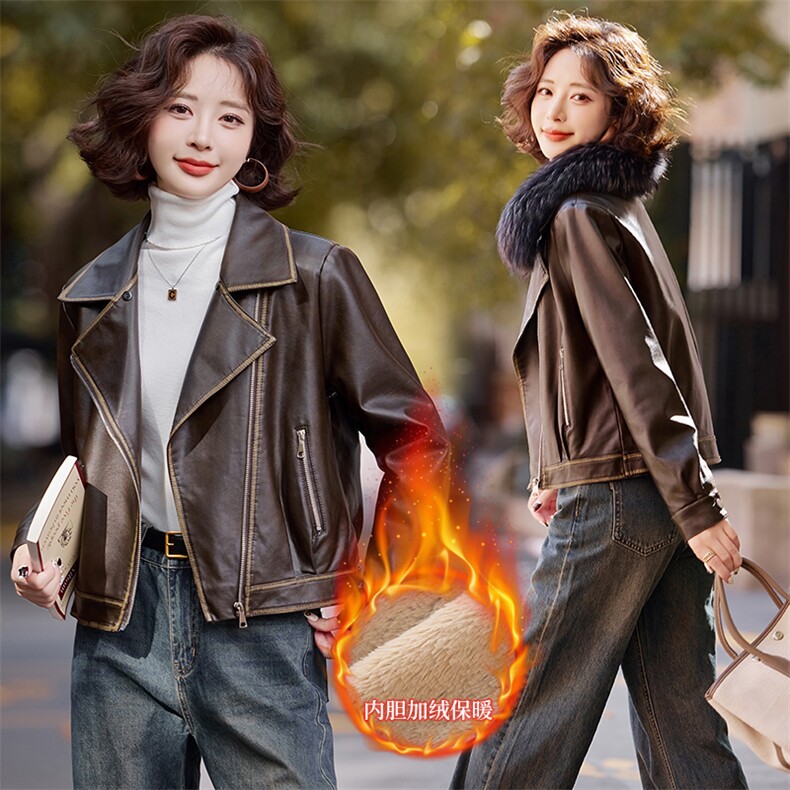 【2024冬季女装新款】时尚复古港风短款可脱卸真毛领加绒皮衣皮棉,女装皮衣,魅衣本色
