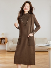 两件套钉珠半高领针织连衣裙女秋冬2025新款小个子显瘦打底毛衣裙，女装针织衫/毛衣，艾米