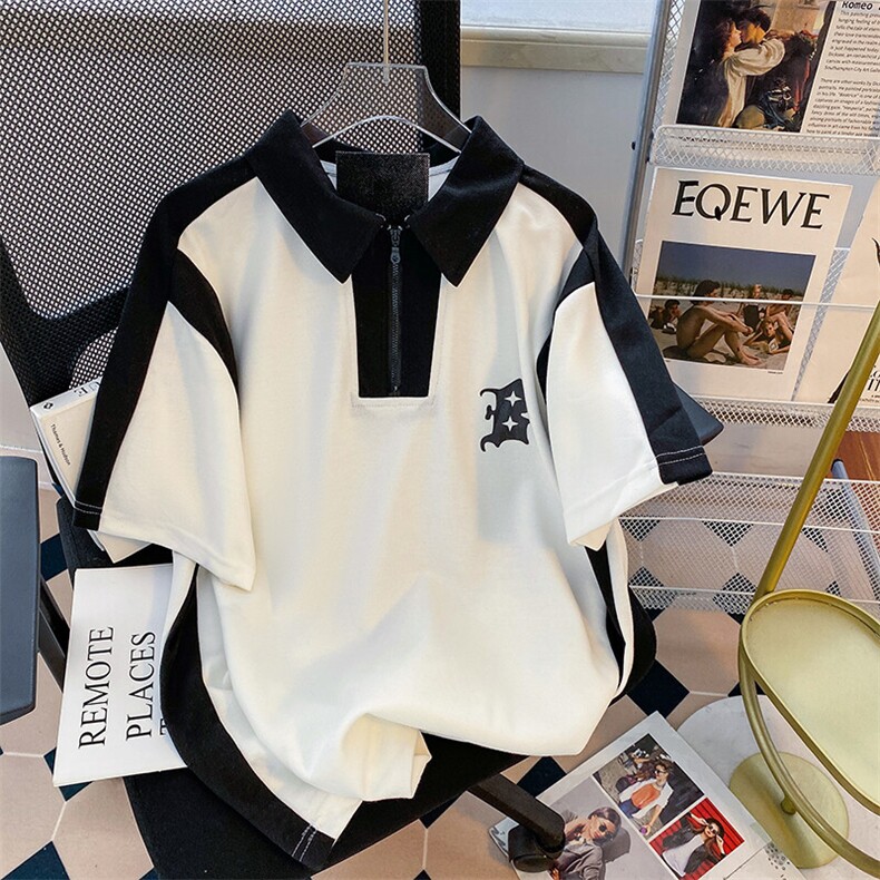 纯棉后包领抖音天猫品质POLO领拉链男女情侣短袖T恤宽松TT034-45,男装T恤,星座911-3