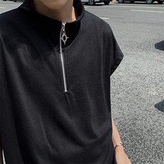 现货夏季薄款宽松宽肩无袖立领运动坎肩背心纯色拉链t恤BX08-P35，男装T恤，星座205-5