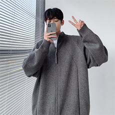 秋冬慵懒风简约百搭纯色重磅拉链休闲宽松毛衣美拉德针织立领开衫，男装针织衫/毛衣，星座601-1