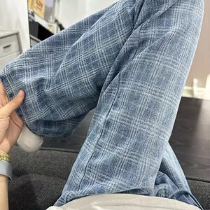 复古蓝纹理感直筒牛仔裤新款宽松显瘦阔腿长裤513ACK2336P39,雾霾蓝发色帽子搭配图片
