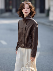 2026春装新款简约摩登时尚复古皮衣外套，女装皮衣，魅丽静蓝