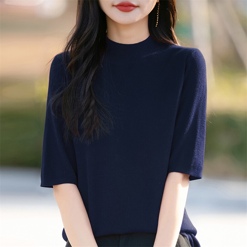春夏季新款半高领五分袖羊毛衫女打底纯色针织短袖T恤宽松上衣,针织衫/毛衣,佳绒包芯纱店