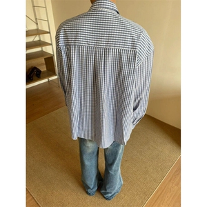 CSD88LL-P48 美式复古蓝白格子衬衫男设计感小众长袖衬衣图片