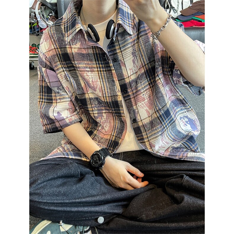 美式扎染格子衬衫短袖男女同款夏季衬衣半袖外套DC2240-特价P25,男装衬衫,电商A007