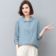 三年不下架衬衫女2024春秋新款中老年薄款宽松长袖棉麻衬衣双排扣，女装衬衫，璐依舞