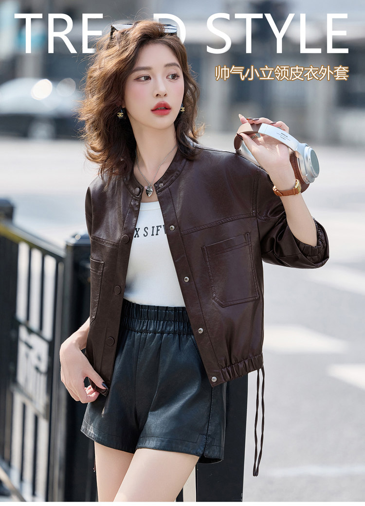 帅气酷飒风立领皮衣外套女2025秋季新款高级感休闲百搭皮夹克上衣,女装皮衣,臻衣坊