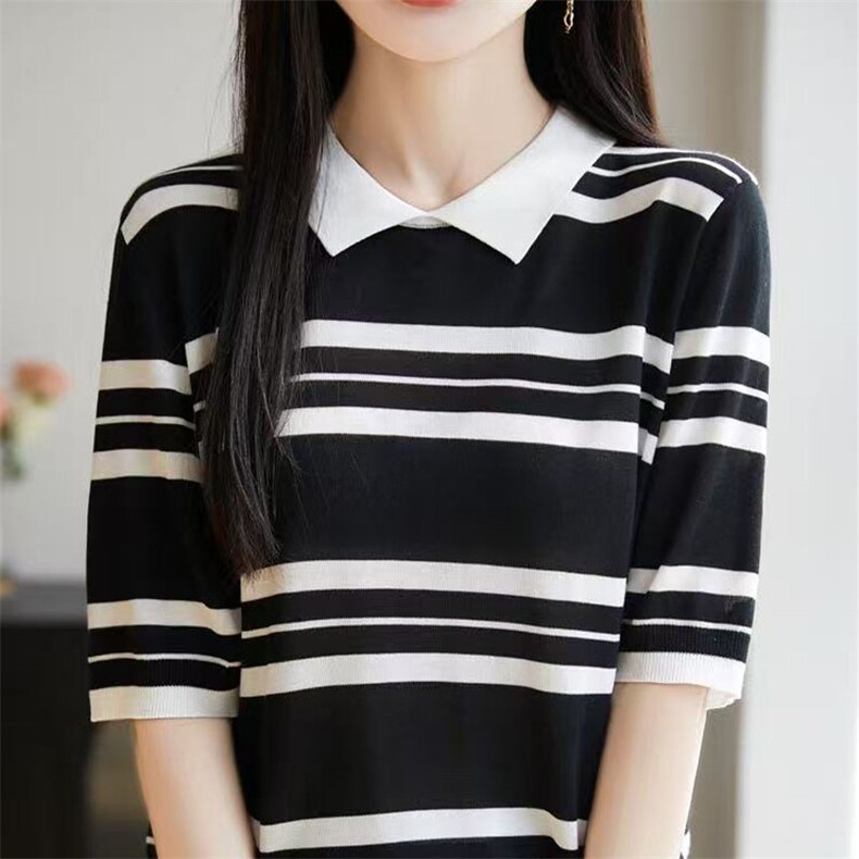 夏款莱赛尔天丝娃娃领条纹短袖女半袖T恤Polo翻领针织衫上衣，女装T恤，萱芳婷羊绒