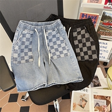 夏男牛仔短裤棋盘格拼接渐变色牛仔马裤D23P38，男装牛仔裤，星座1013-1