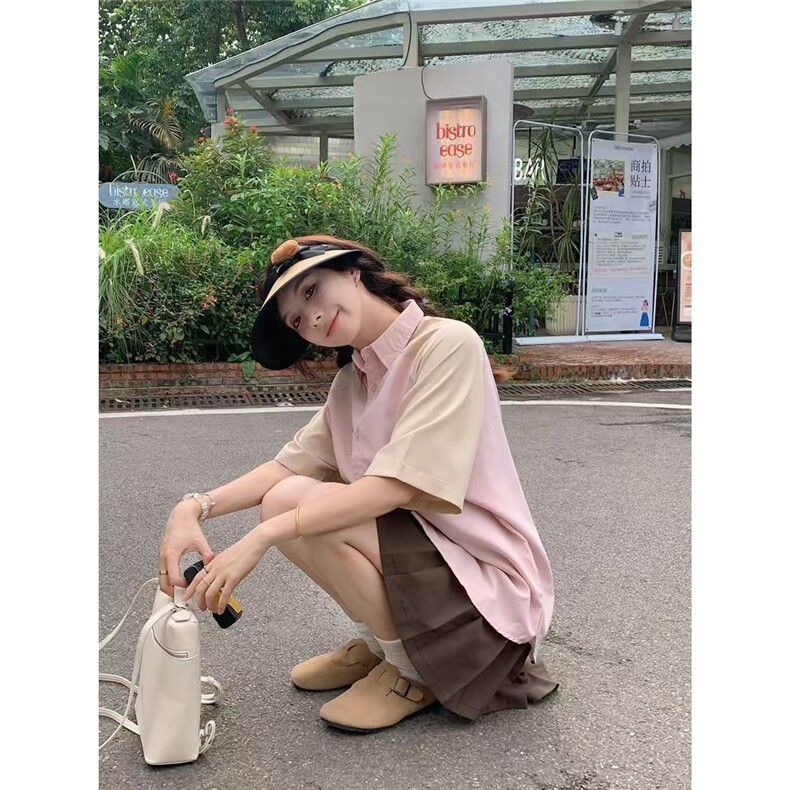 夏季低饱和色系复古插肩短袖衬衫女2025年情侣百搭刺绣Polo领上衣,男装衬衫,星座1210-1