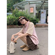 夏季低饱和色系复古插肩短袖衬衫女2025年情侣百搭刺绣Polo领上衣，男装衬衫，星座1210-1