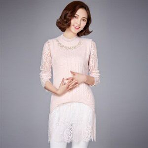 优雅蕾丝拼接针织背心女长袖上衣显瘦气质百搭打底衫图片