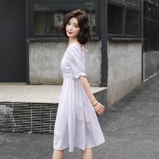 韩版气质格纹方领泡泡袖连衣裙，女装连衣裙，韩蔻秀