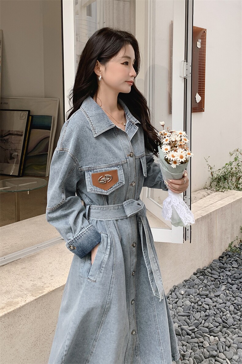 法式气质减龄Polo领牛仔连衣裙女2025秋秋季新款韩版收腰显瘦长裙,女装连衣裙,秋水欣儿