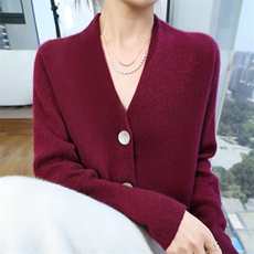 25秋冬V领100%羊毛开衫女贝壳扣针织长袖外套宽松羊绒衫外搭上衣，女装羊绒衫，昭美羊绒