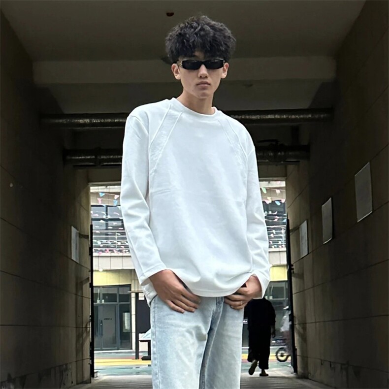 抖音得物品质26春装美式高街曼巴棉螺纹拼接卫衣圆领长袖T恤YT164,男装T恤,电商A486-1