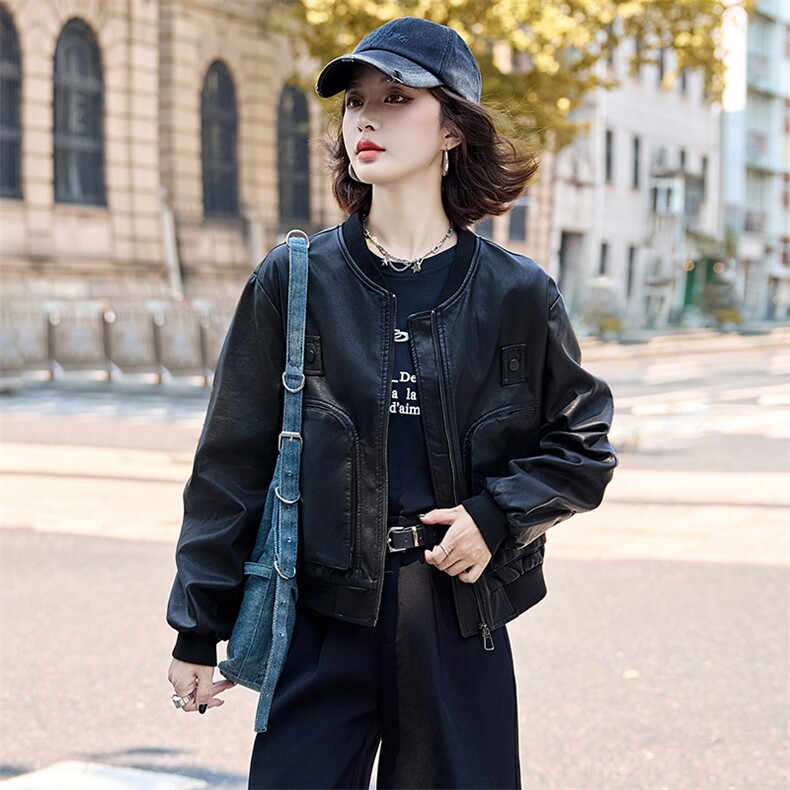 小个子皮衣外套女棒球服上衣春秋款时尚高级感港风复古显瘦皮夹克,女装皮衣,臻衣坊