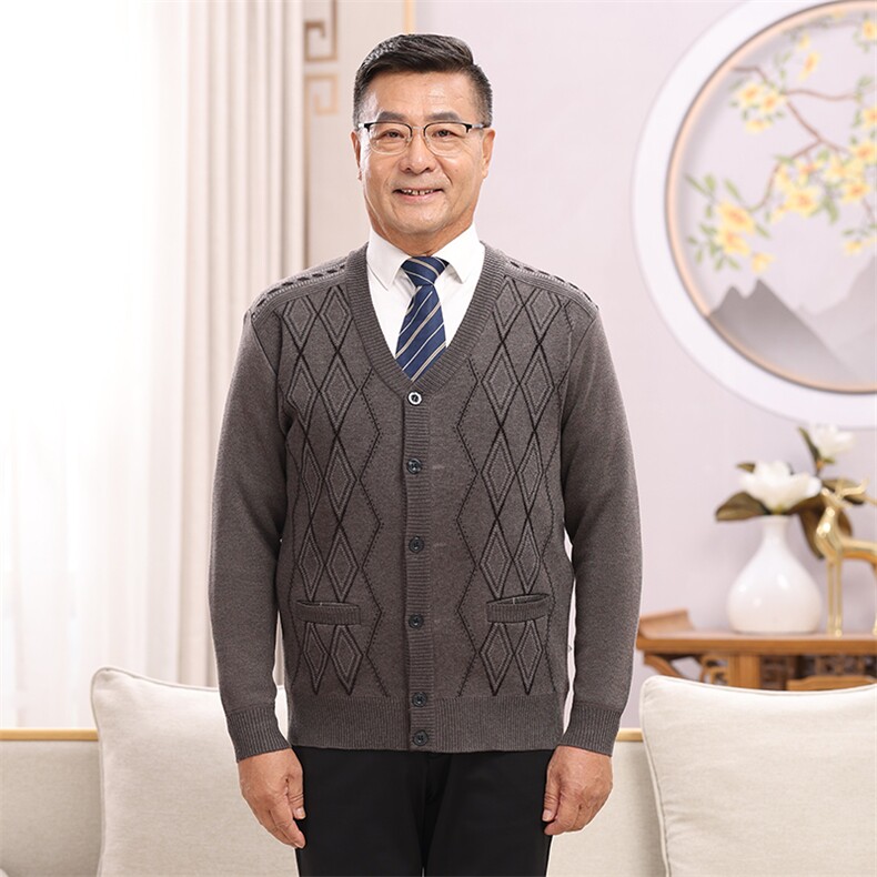秋冬季舒适亲肤透气大码菱形长袖加绒针织衫开衫男装，男装针织衫/毛衣，亚东羊绒制品