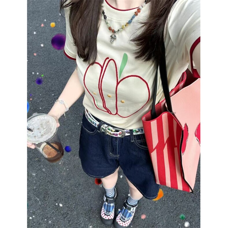 H1006-P35原版辅料+刺绣+拼接包边拉肩短袖T恤,女装T恤,星座617A-2
