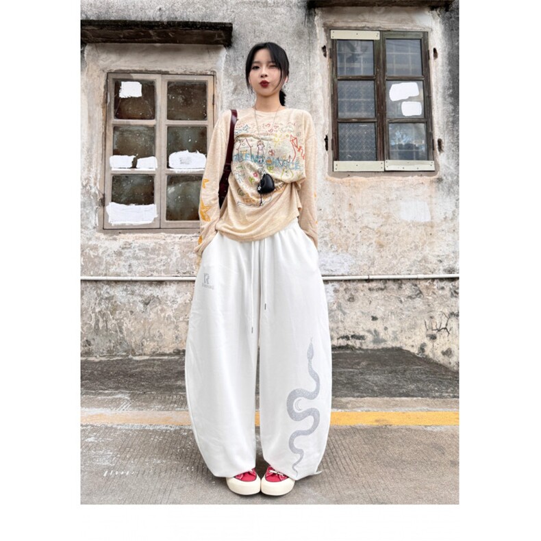 稚丑美式复古设计烫钻印花休闲裤男女宽松爵士舞百搭束脚弯刀卫裤,男装休闲裤,四季星座505