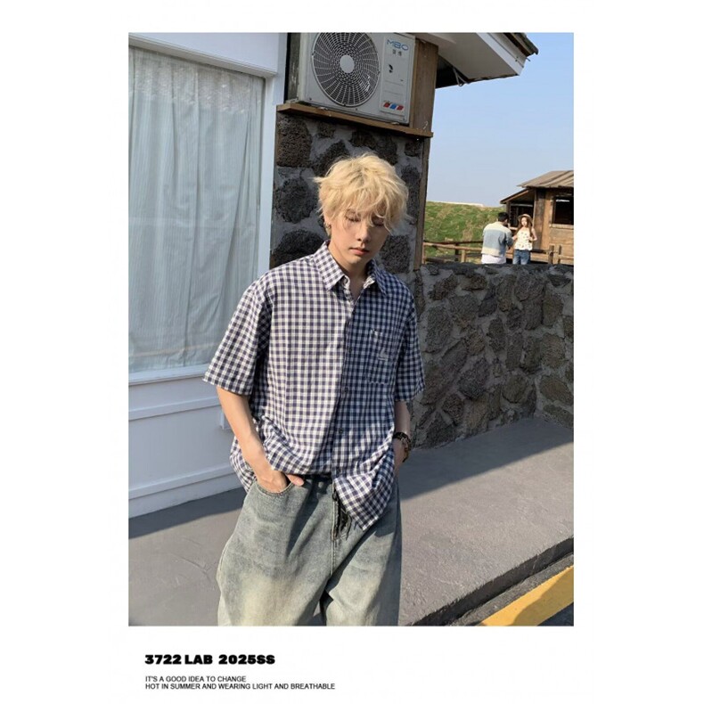夏季美式复古格子短袖衬衫男刺绣翻领五分袖沙滩氛围感薄款衬衣男,男装T恤,星座506A
