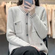 秋冬新款女圆领外搭纯色韩版毛衣外套显瘦羊毛开衫，女装羊毛衫，恩泰羊绒