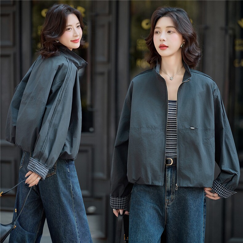 极简风休闲气质短款外套女2025春秋新款时尚宽松百搭拉链夹克上衣，女装短外套，米莱