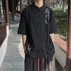 现货等男生新中式大码立领盘扣竹叶刺绣中袖衬衫MT2308-P65，男装衬衫，电商A021