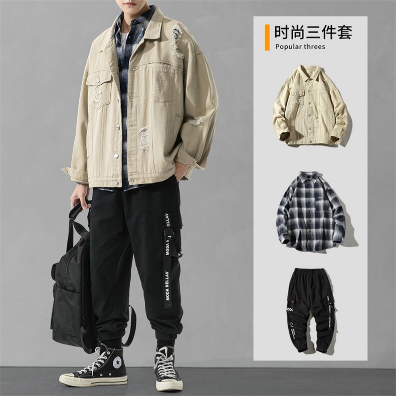 男士休闲套装2021新款青少年韩版搭配牛仔夹克三件套DF150T,男装夹克,电商A102