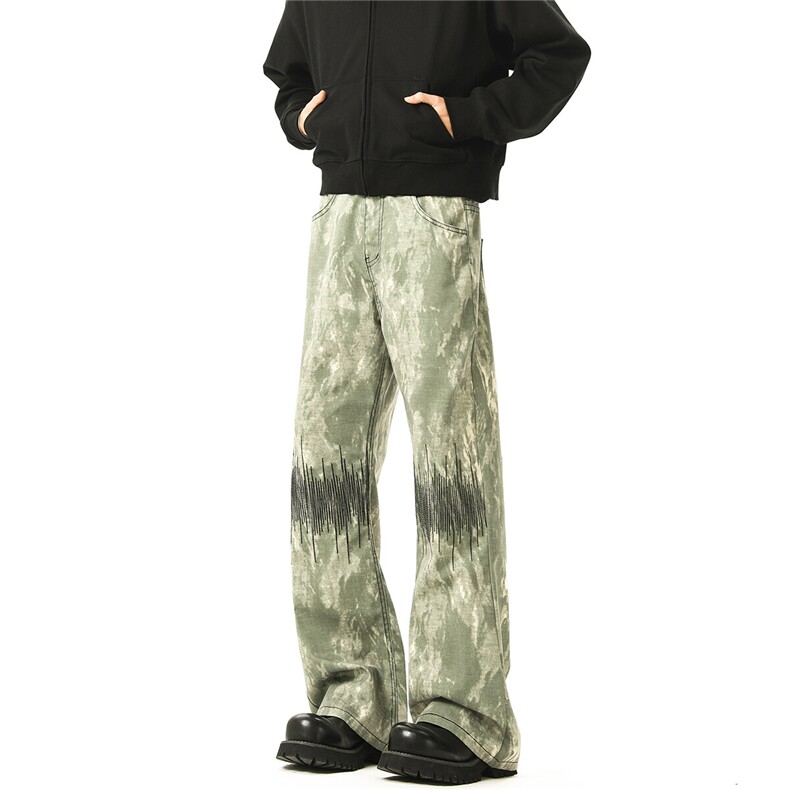 现货~美式复古迷彩微喇重工心电图刺绣牛仔裤3XZ502-K763-P65控89，男装牛仔裤，星座502