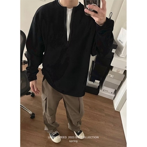 复古无领纯色卫衣男半拉链慵懒风宽松春季套头百搭上衣W8804