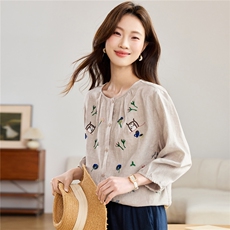 2026春秋亚麻时尚简约大方气质优雅刺绣休闲透气衬衫，女装衬衫，独衣靓