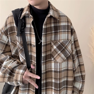 小香风外套男春秋慵懒风感小众设计感毛呢格子衬衫式夹克图片
