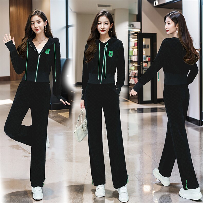 雪尼尔休闲运动服套装女2024新款棋盘格连帽阔腿裤两件套,女装套装/套裙,火爆靓佳人