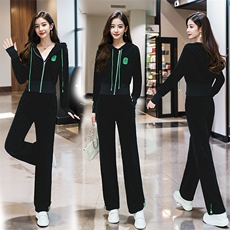 雪尼尔休闲运动服套装女2024新款棋盘格连帽阔腿裤两件套，女装套装/套裙，火爆靓佳人