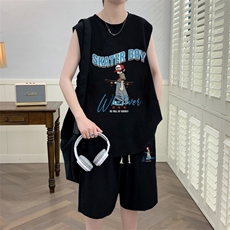 锦氨冰丝布料夏季无袖背心t恤套装透气宽松潮流男装DF329P60控78，男装休闲套装，电商A086