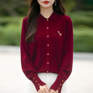 POLO领针织开衫女2025春季新款钉珠刺绣显瘦衬衣领高级感软糯毛衣图片
