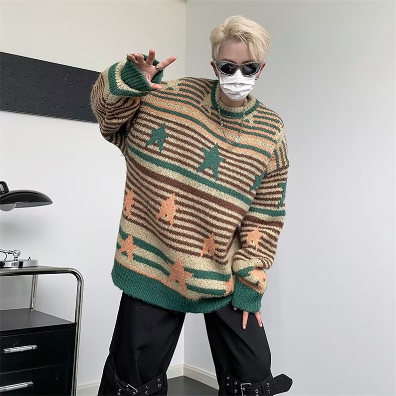 情侣款星星条纹毛衣秋冬季复古宽松休闲美式针织衫套头上衣男,男装针织衫/毛衣,星座716-2