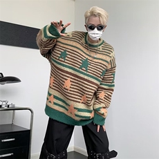 情侣款星星条纹毛衣秋冬季复古宽松休闲美式针织衫套头上衣男，男装针织衫/毛衣，星座716-2