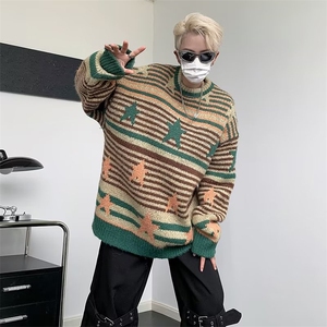 情侣款星星条纹毛衣秋冬季复古宽松休闲美式针织衫套头上衣男图片