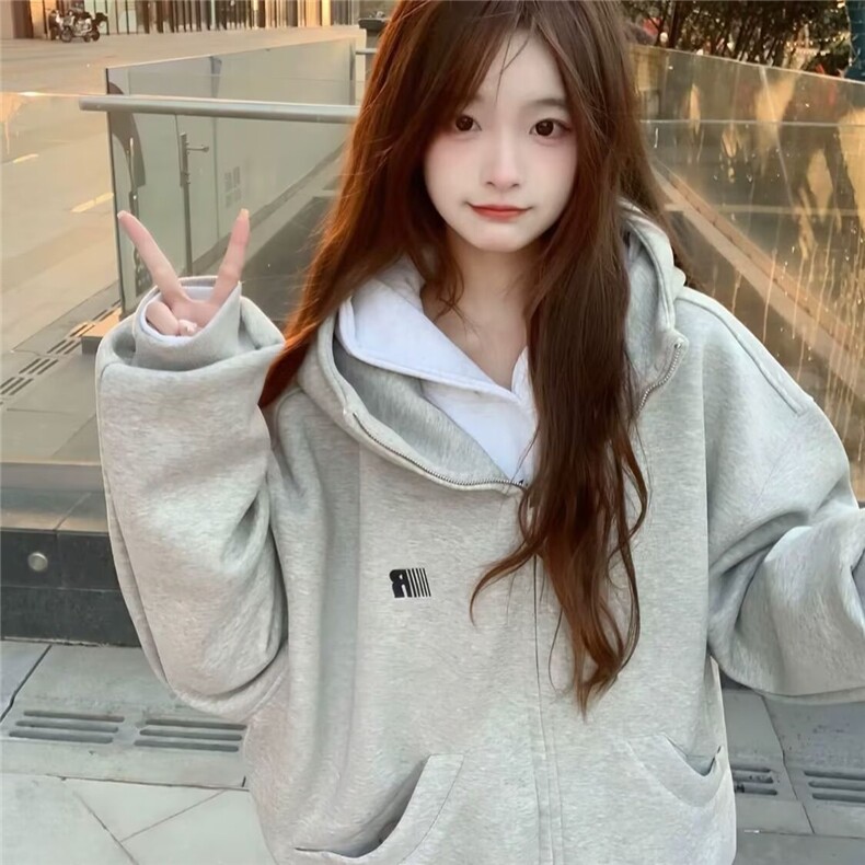 【004】拼接高领宽松拉链外套春秋情侣连帽衫卫衣A079-Y71-P37,女装短外套,电商A079