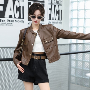 现货美拉德小香风褐色仿羊皮衣外套女2024秋装新款精致职场通勤图片
