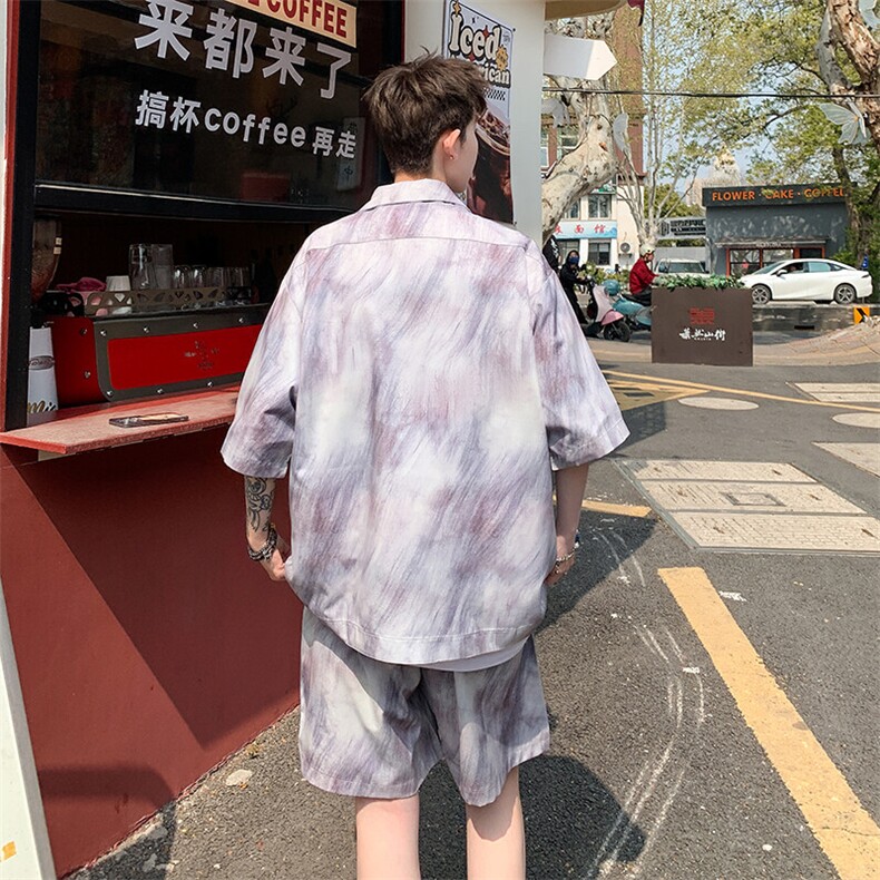 2025美式扎染印花冰丝凉感短袖碎花衬衫薄套装TZ5655/特P45紫5,男装T恤,电商A094